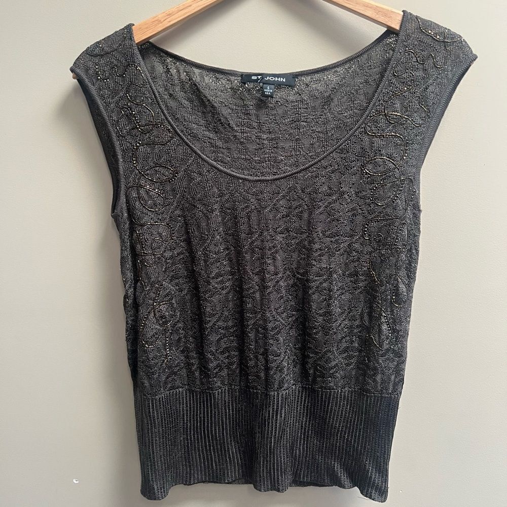 St John olive green knit sequined sleeveless top Size 6